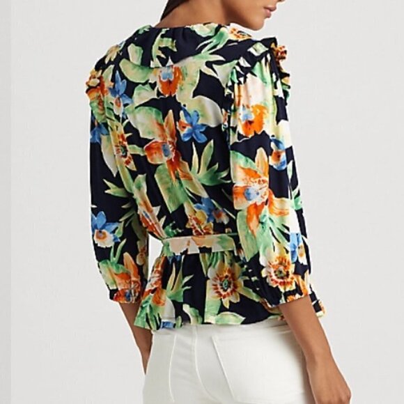 Lauren Ralph Lauren Floral Jersey Belted Peplum Top Navy Blue Size Medium NWT - Picture 2 of 3